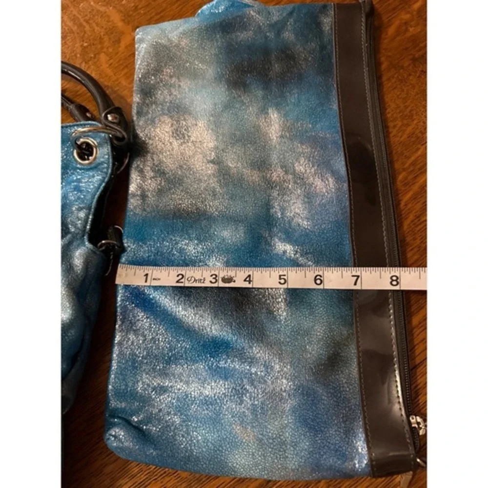 Beijo Couture Blue Silver Metallic Tie Dye‎ Hobo Bag and Pouch Set 2pc
